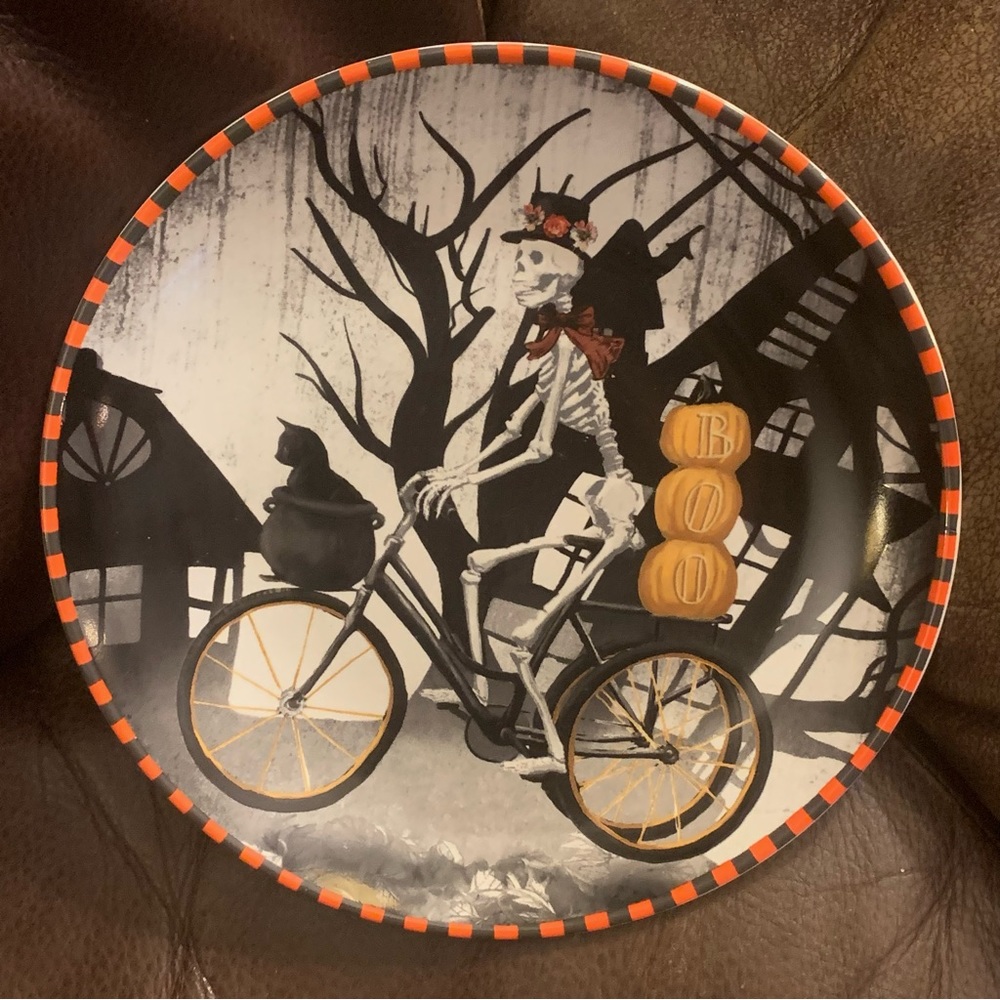 222 Fifth Bicycle Skeleton Lady 8” Halloween Salad Plate